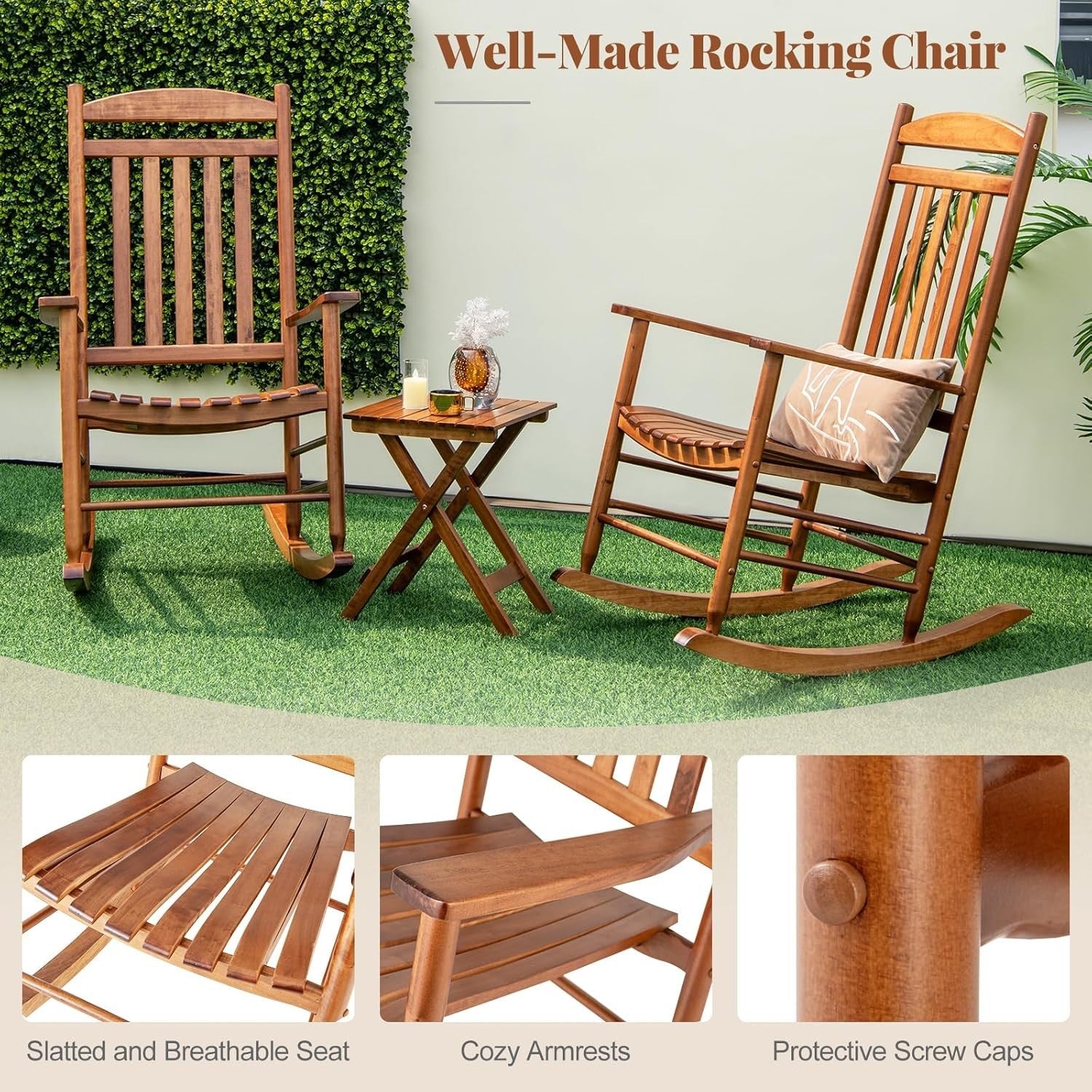 Outdoor Wooden Rocking Chair High-Back Ergonomic Patio Lounge Seat