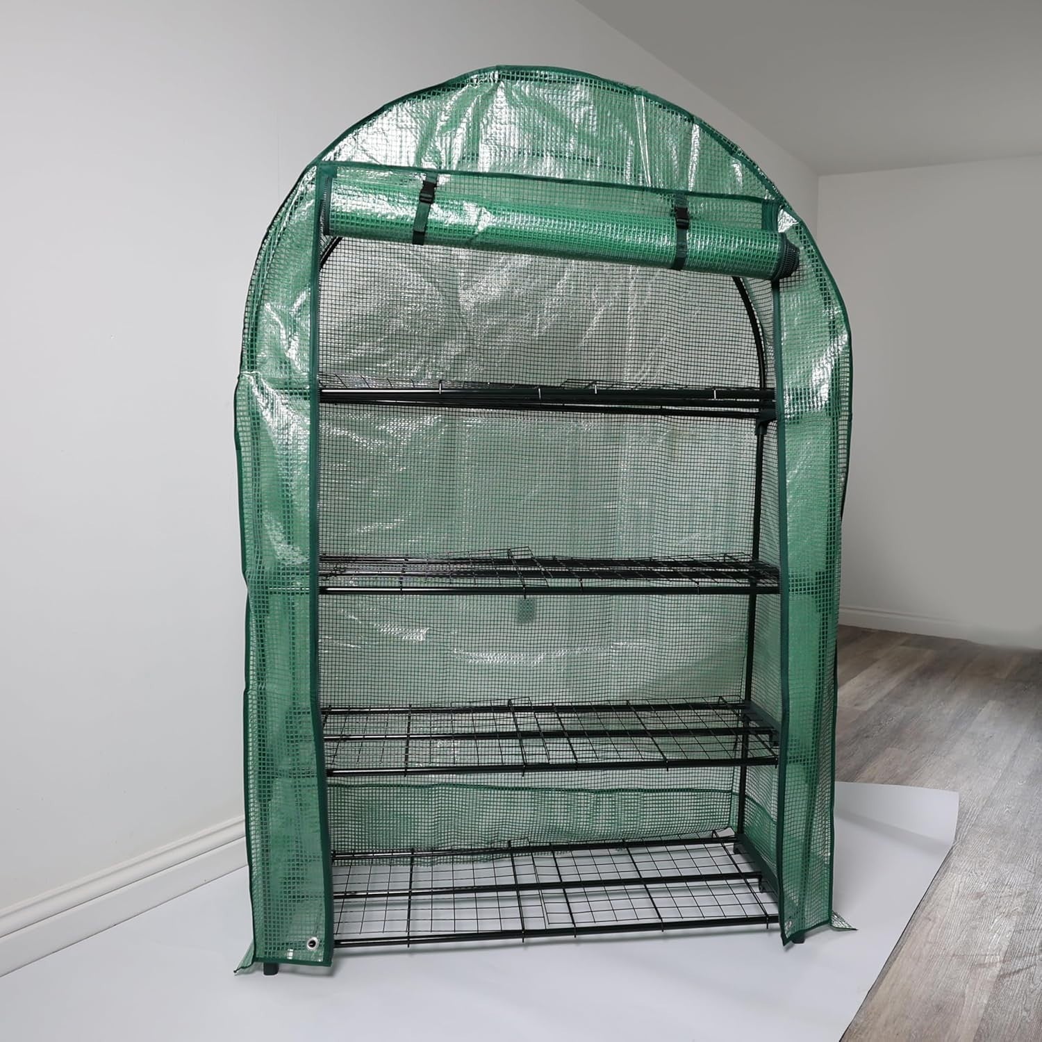 4-Tier Wide Greenhouse | Weatherproof PVC Cover | Roll-Up Door | Steel Frame