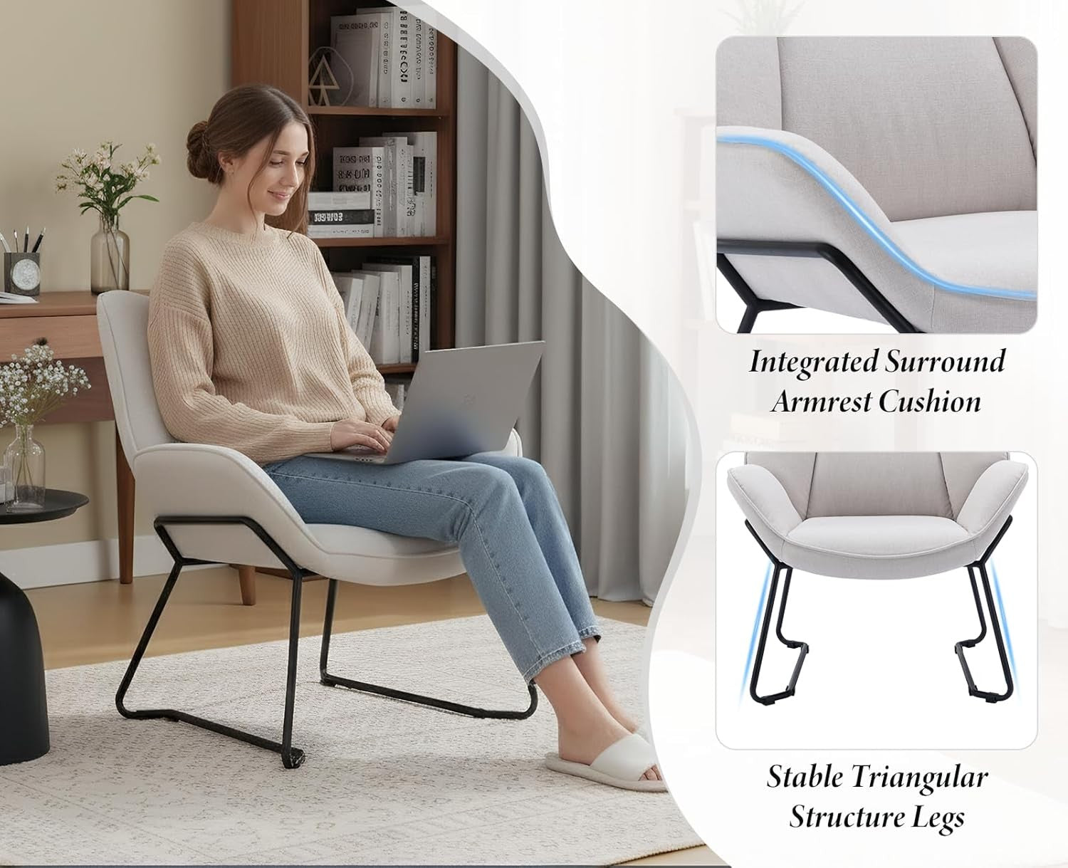 Beige Linen Accent Tub Chair Metal Legs Modern Armchair