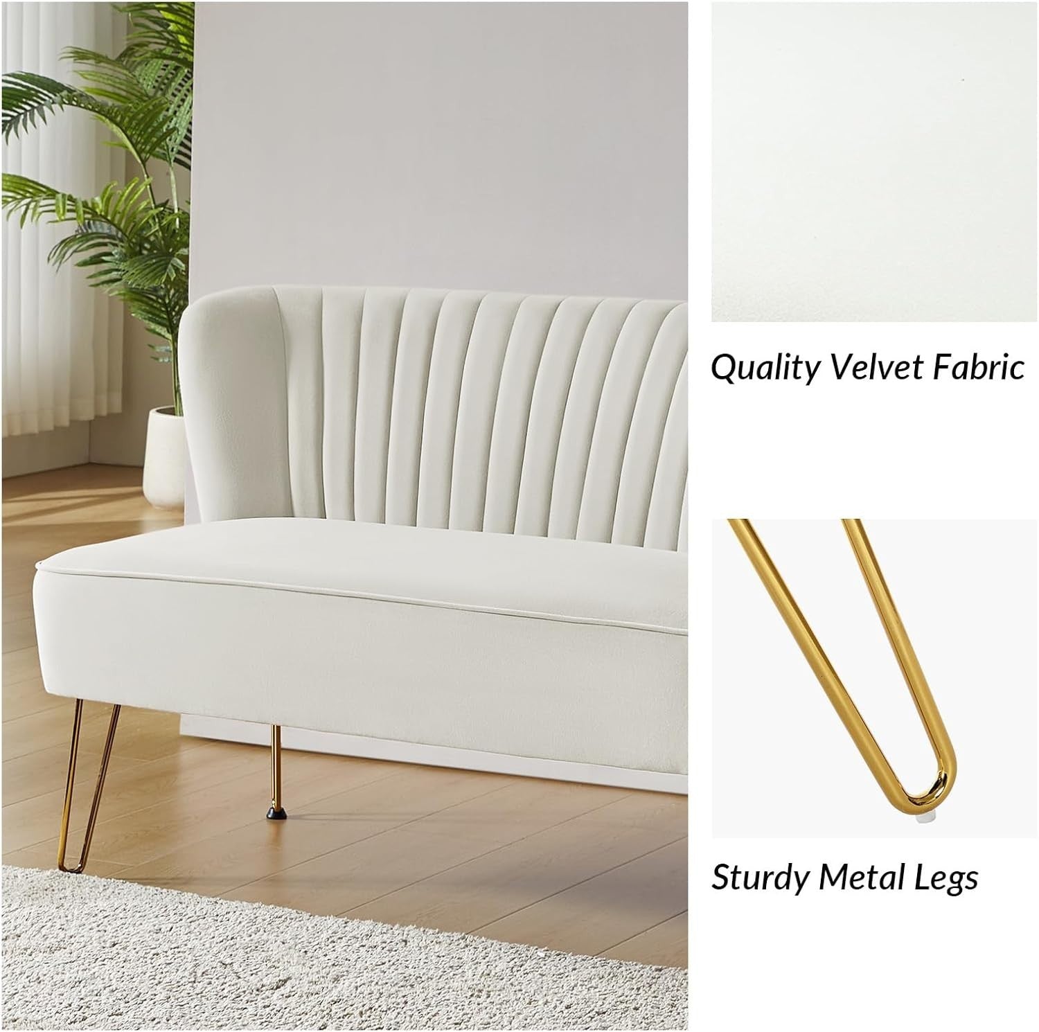 Lvory Velvet 2 Seater Sofa with Gold Legs Compact Loveseat for Lounge Flat