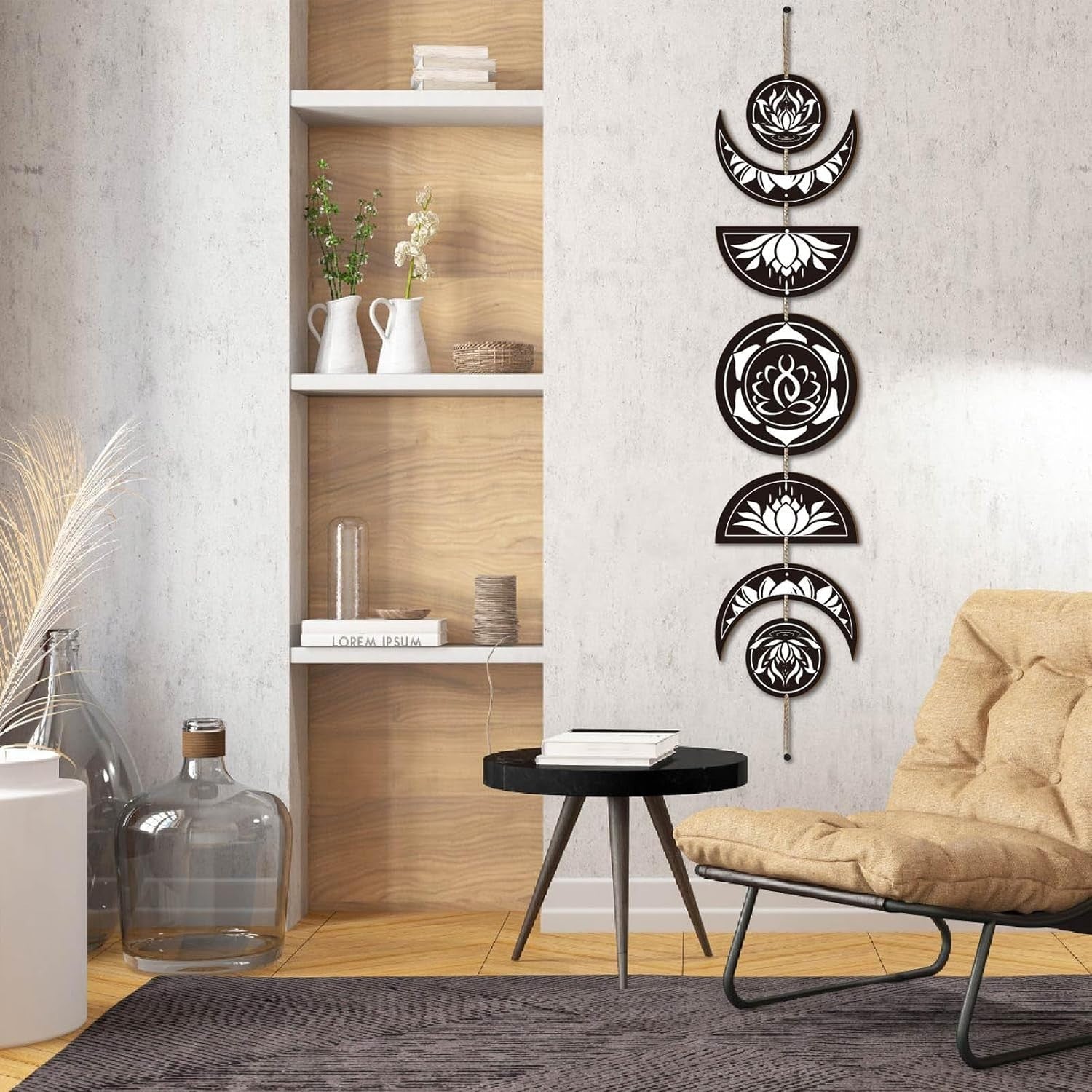 Lotus Moon Phase Wall Hanging Boho Wooden Witchy Decor 7pcs