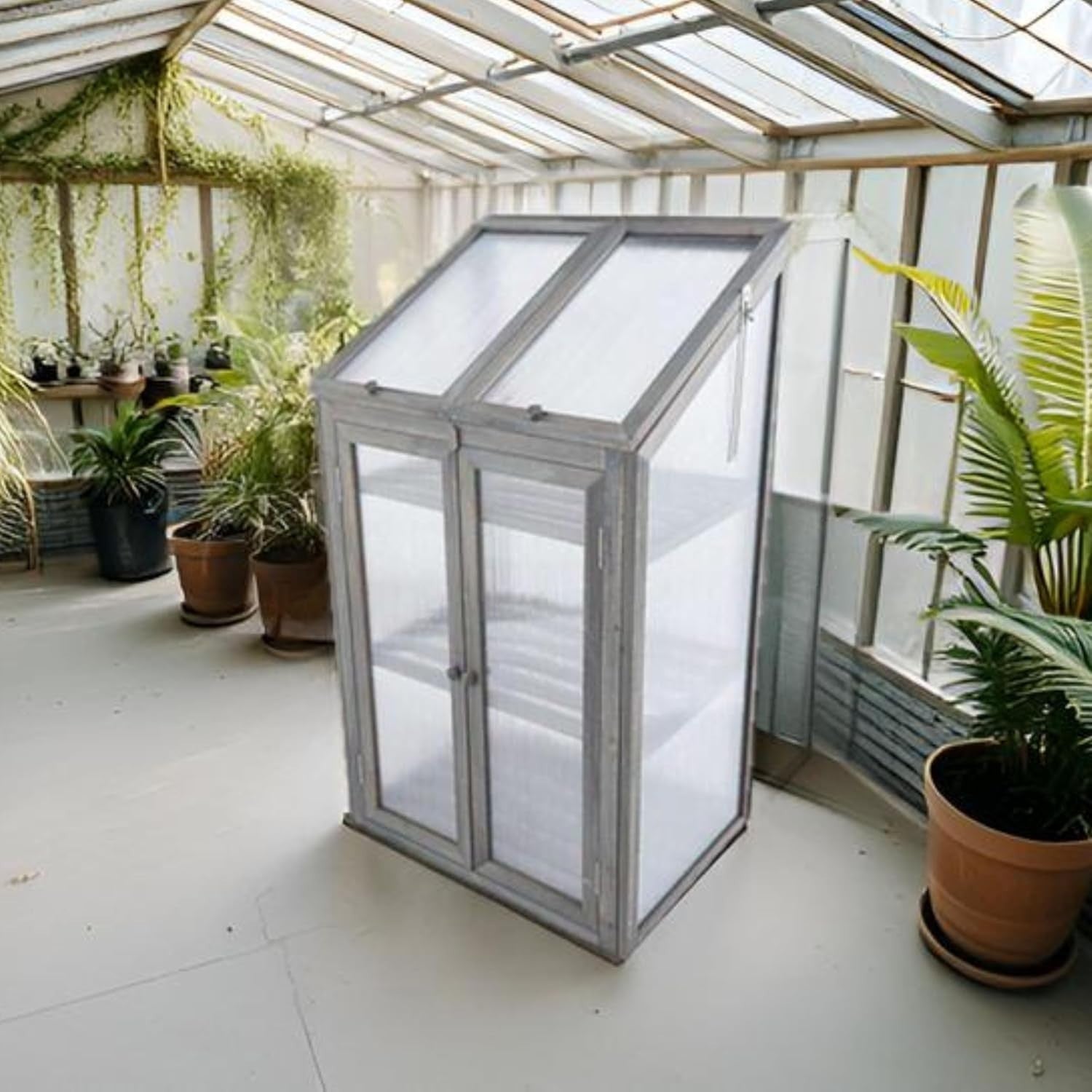 3 Tier Wooden Greenhouse Grey Cold Frame with Double Doors & Skylight