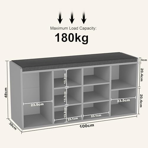 Grey Shoe Storage Bench with Cushion Seat 9 Cubes Adjustable Shelves Entryway
