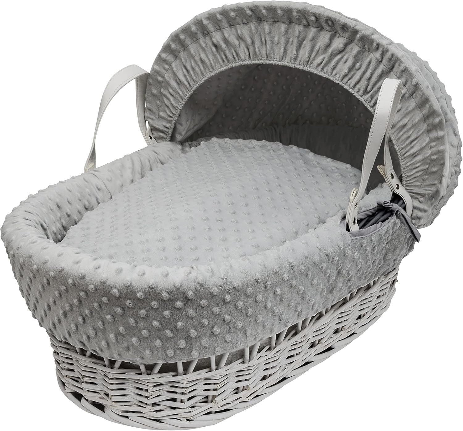Embroided  Wicker Moses Basket Adjustable Hood Rocking Stand Dimple Grey