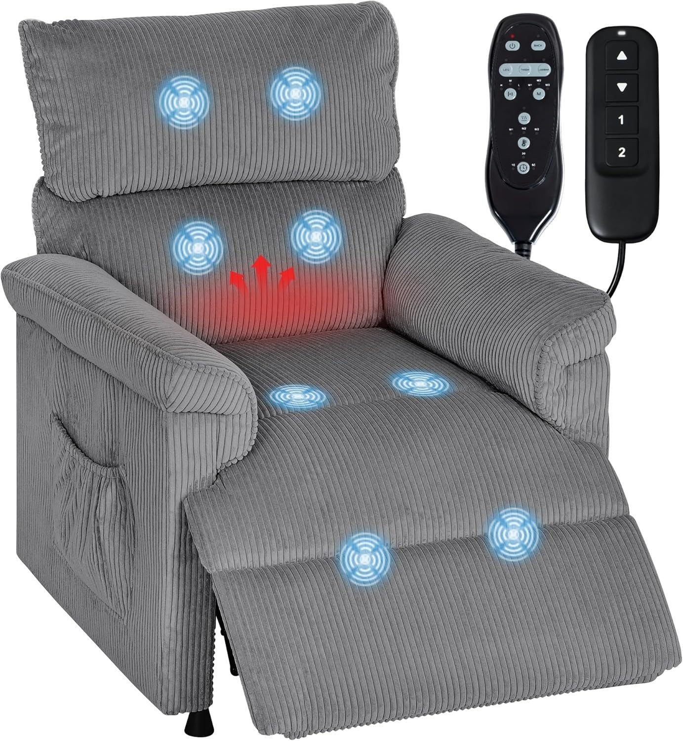 Electric Massage Recliner Chair Heat USB Port Corduroy Power Recliner Grey