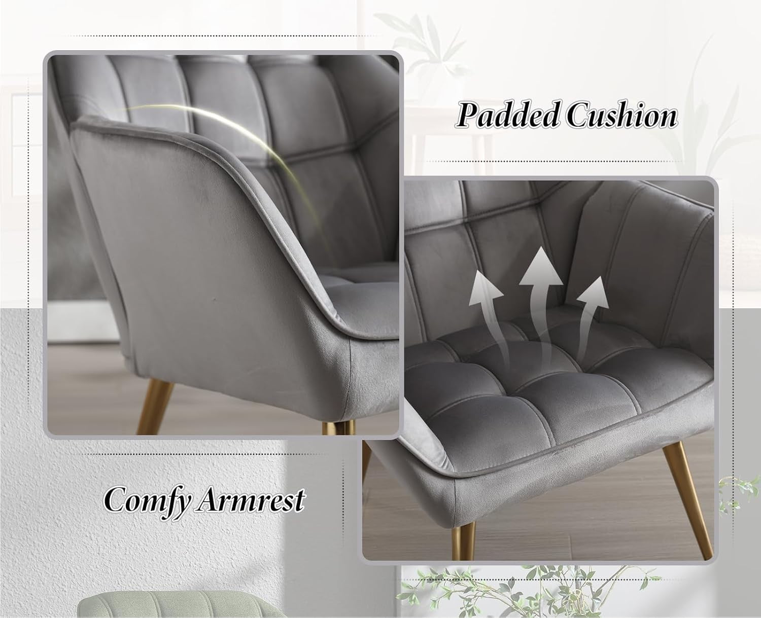 Grey Velvet Accent Armchair Gold Metal Legs Modern Lounge Chair