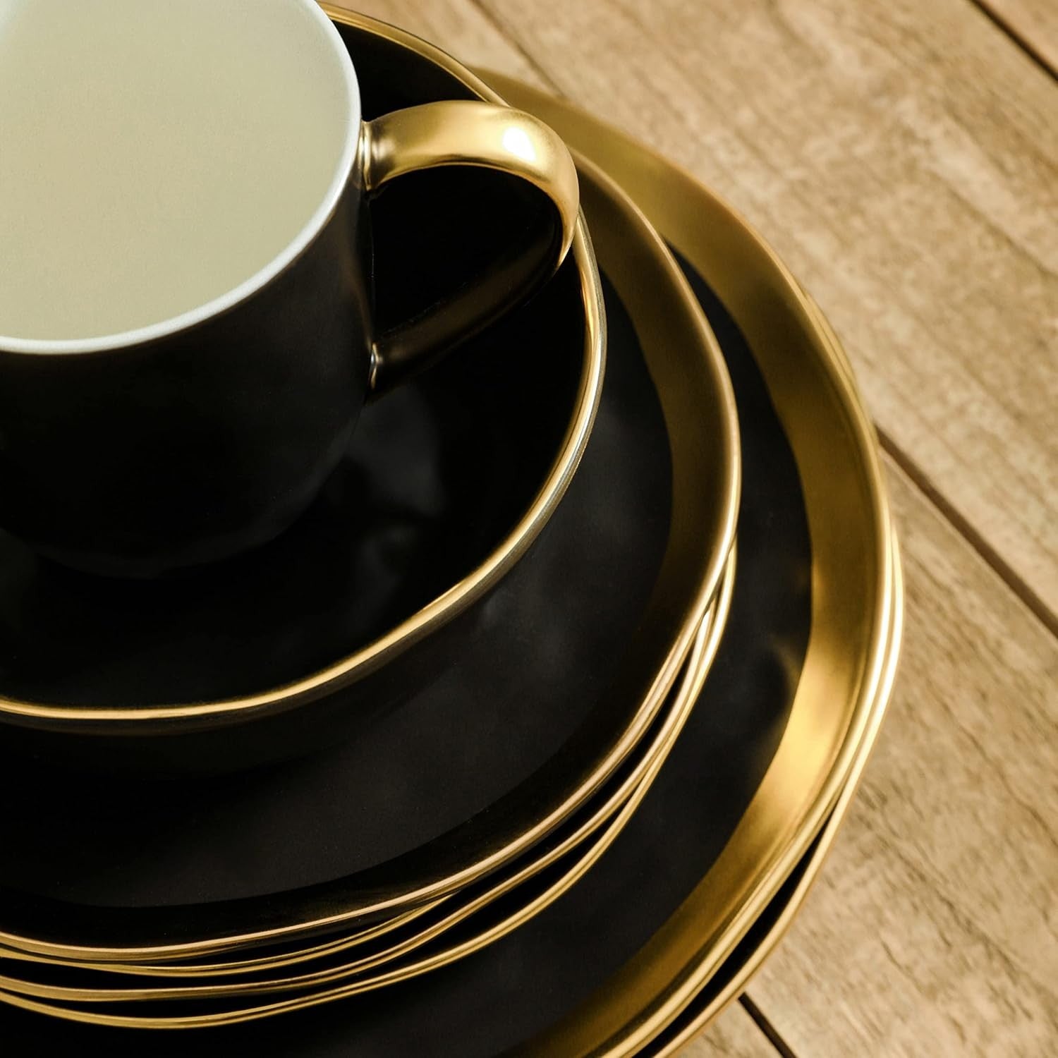 Black Gold Rim Dinnerware Set 16 Piece Porcelain Plates Bowls Service for 4