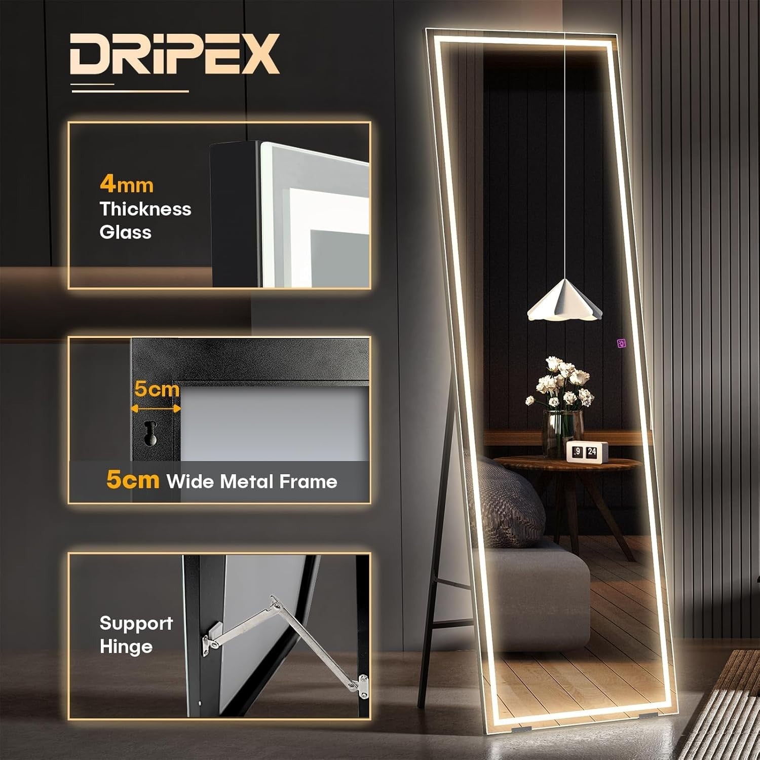 Full Length LED Mirror 160x40cm Wall Mounted Touch Dimmer Black Frame