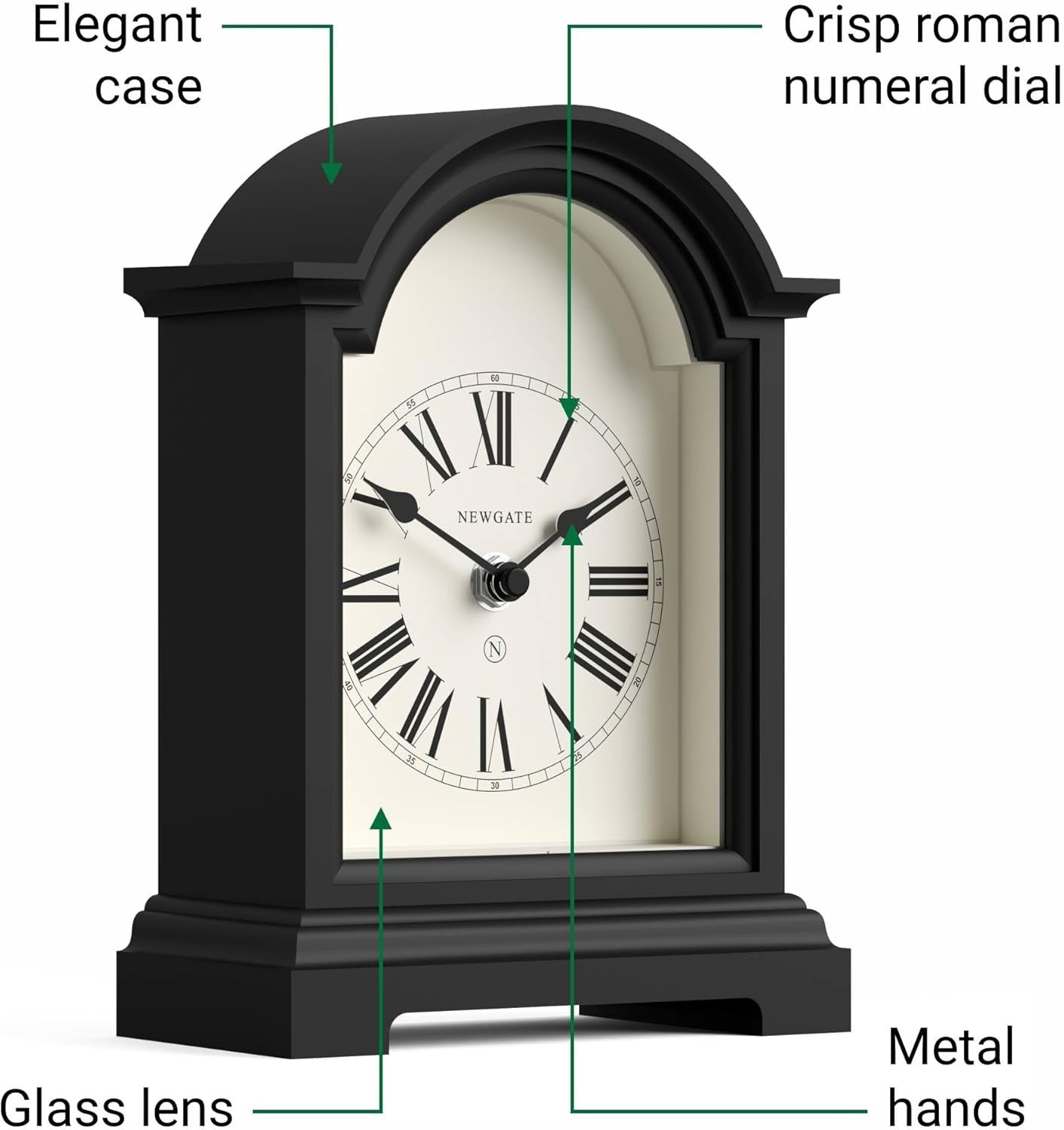 Mantel Clock Classic Arch Roman Numerals Silent Desk Shelf Black