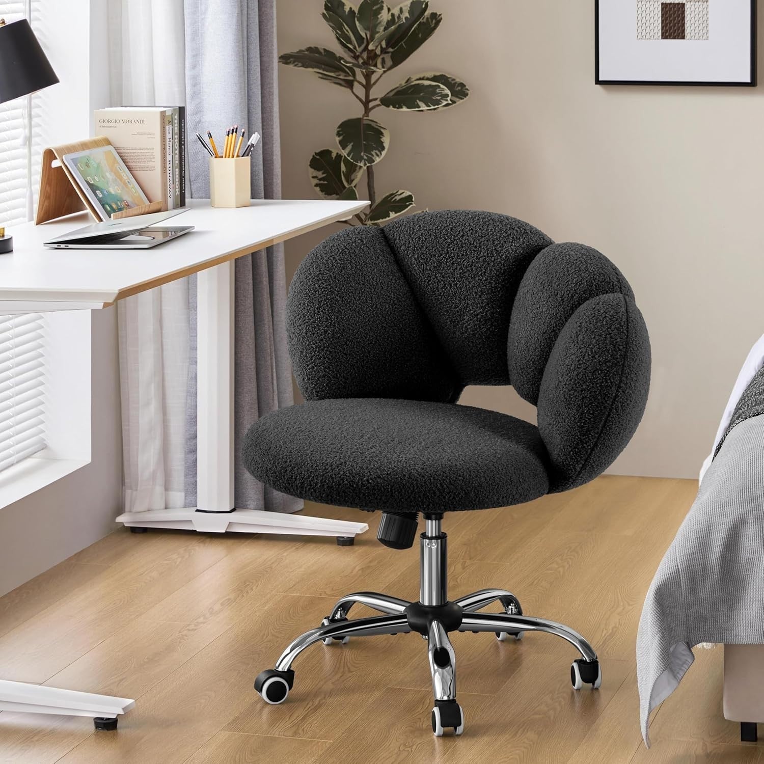 Black Boucle Cloud Vanity Chair Swivel Adjustable Desk Chair with Wheels