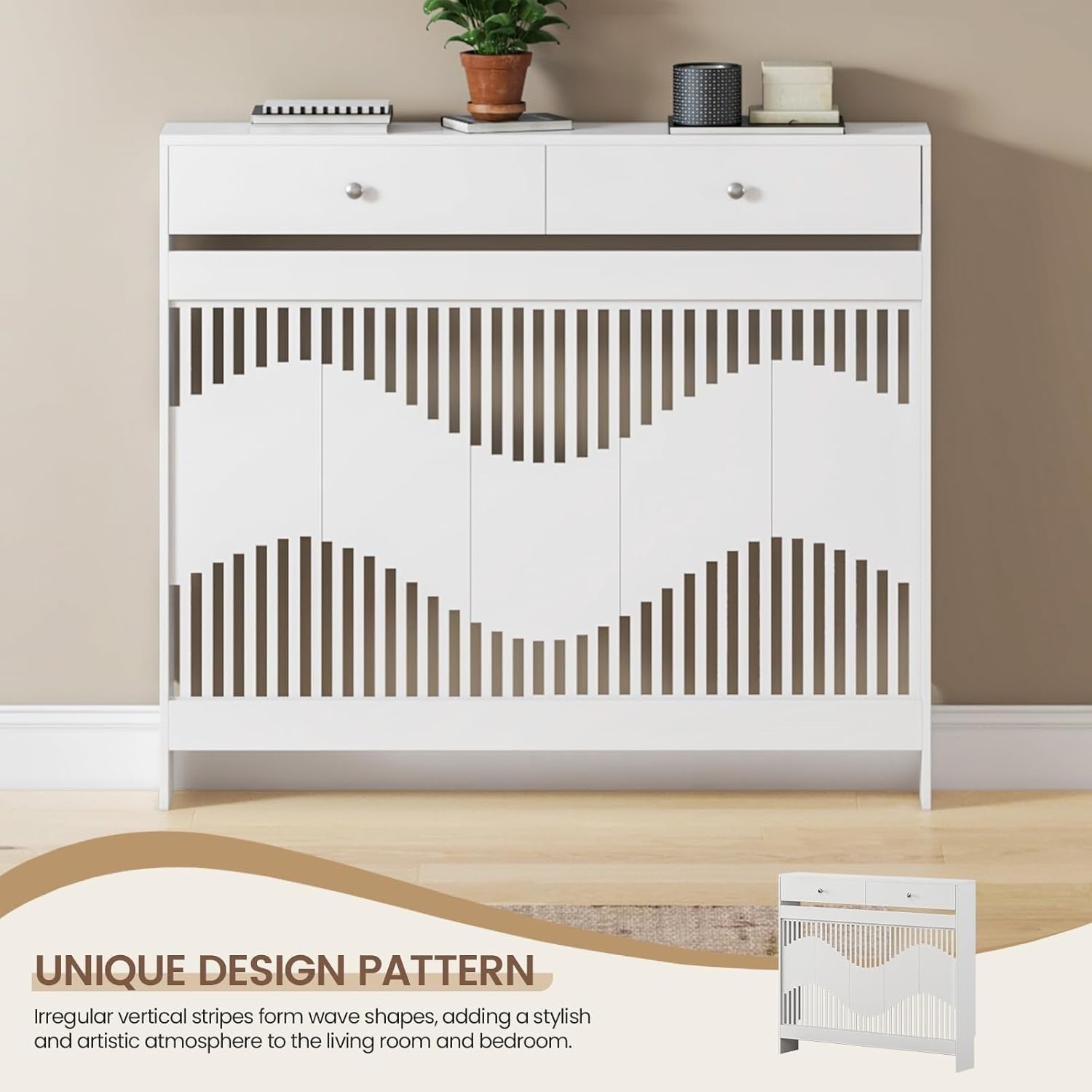 White Radiator Cover Cabinet with Drawers Modern MDF Storage Shelf, Medium