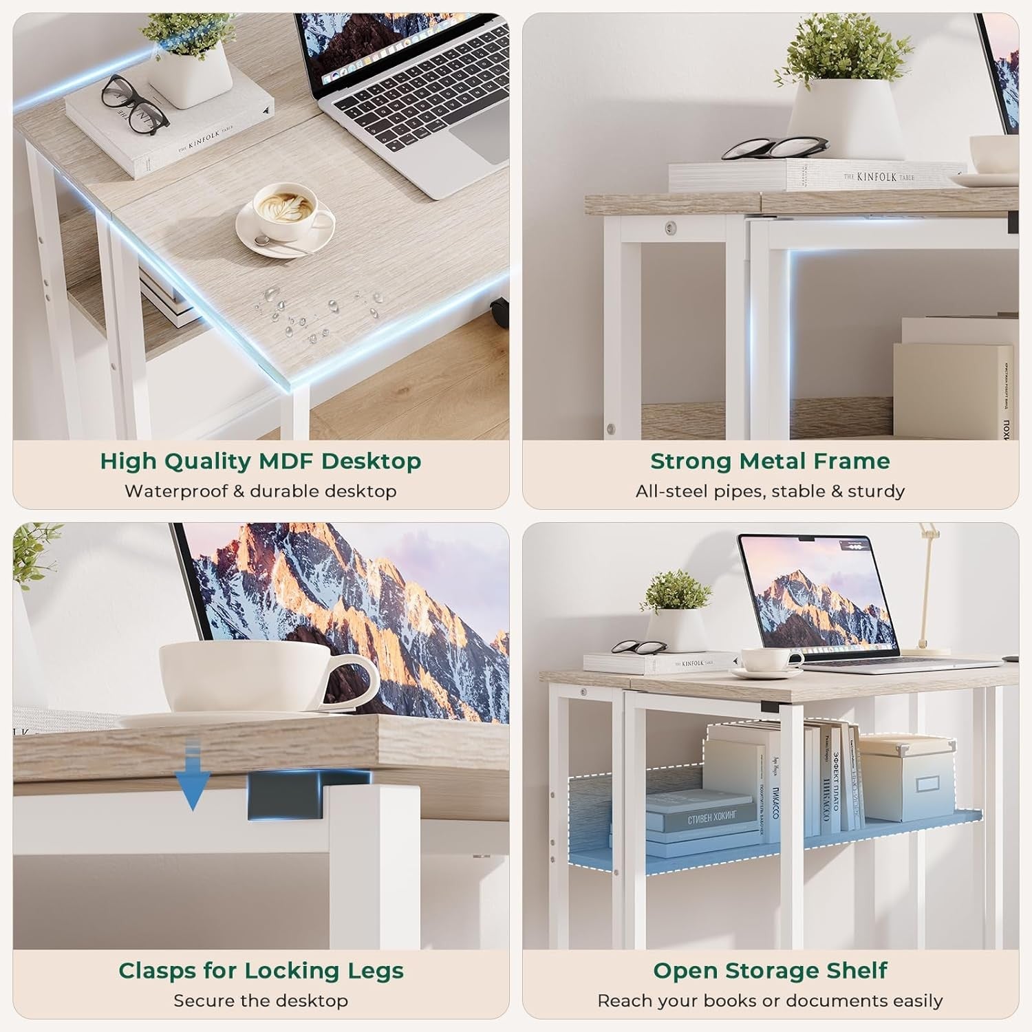 Folding Computer Desk Rolling Laptop Table with Storage Shelf Wheels Oak