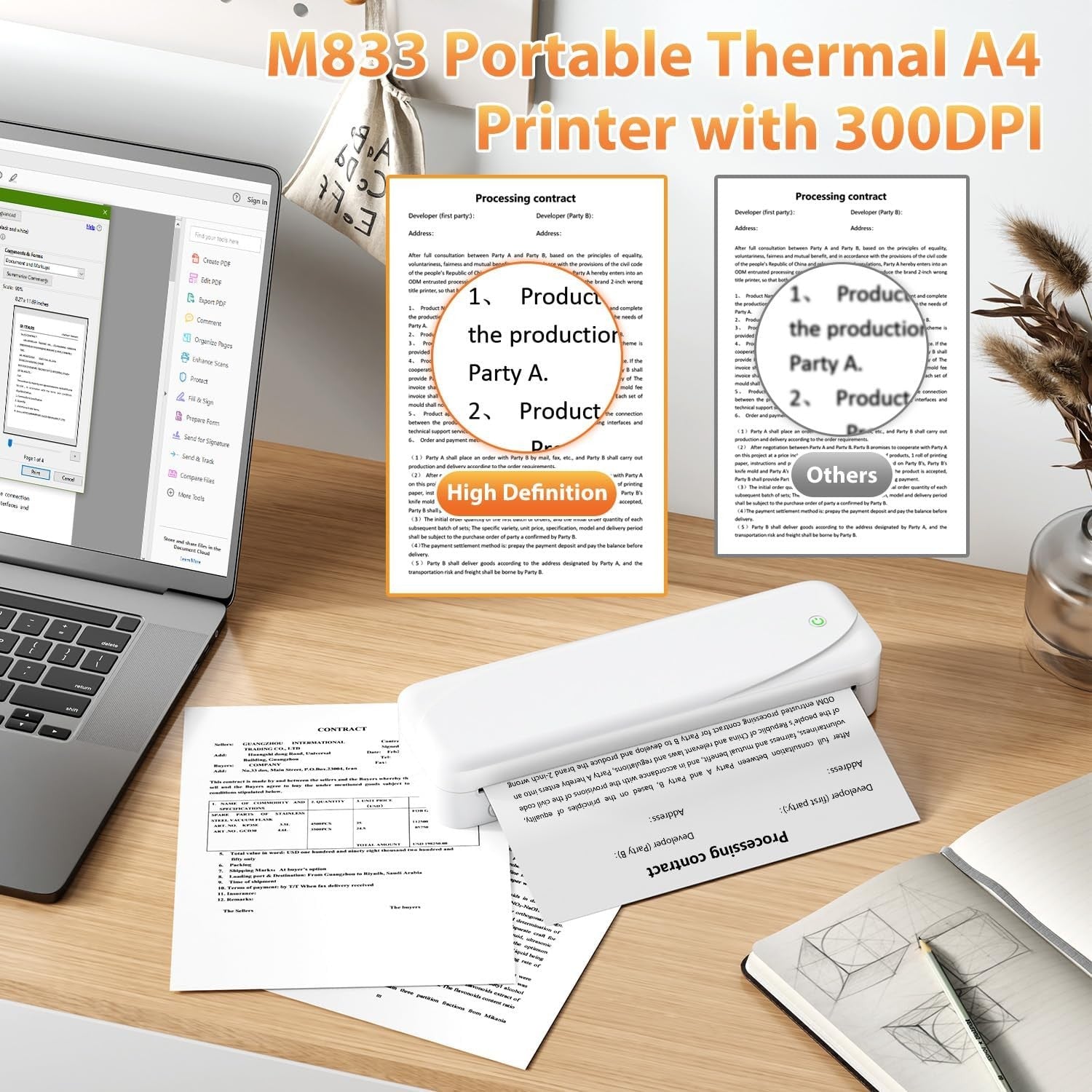 A4 Portable Thermal Printer 300DPI Wireless Bluetooth Inkless