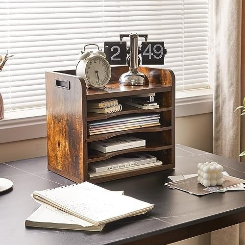 5 Tier Wooden Desk File Organiser A4 Paper Tray Magazine Holder