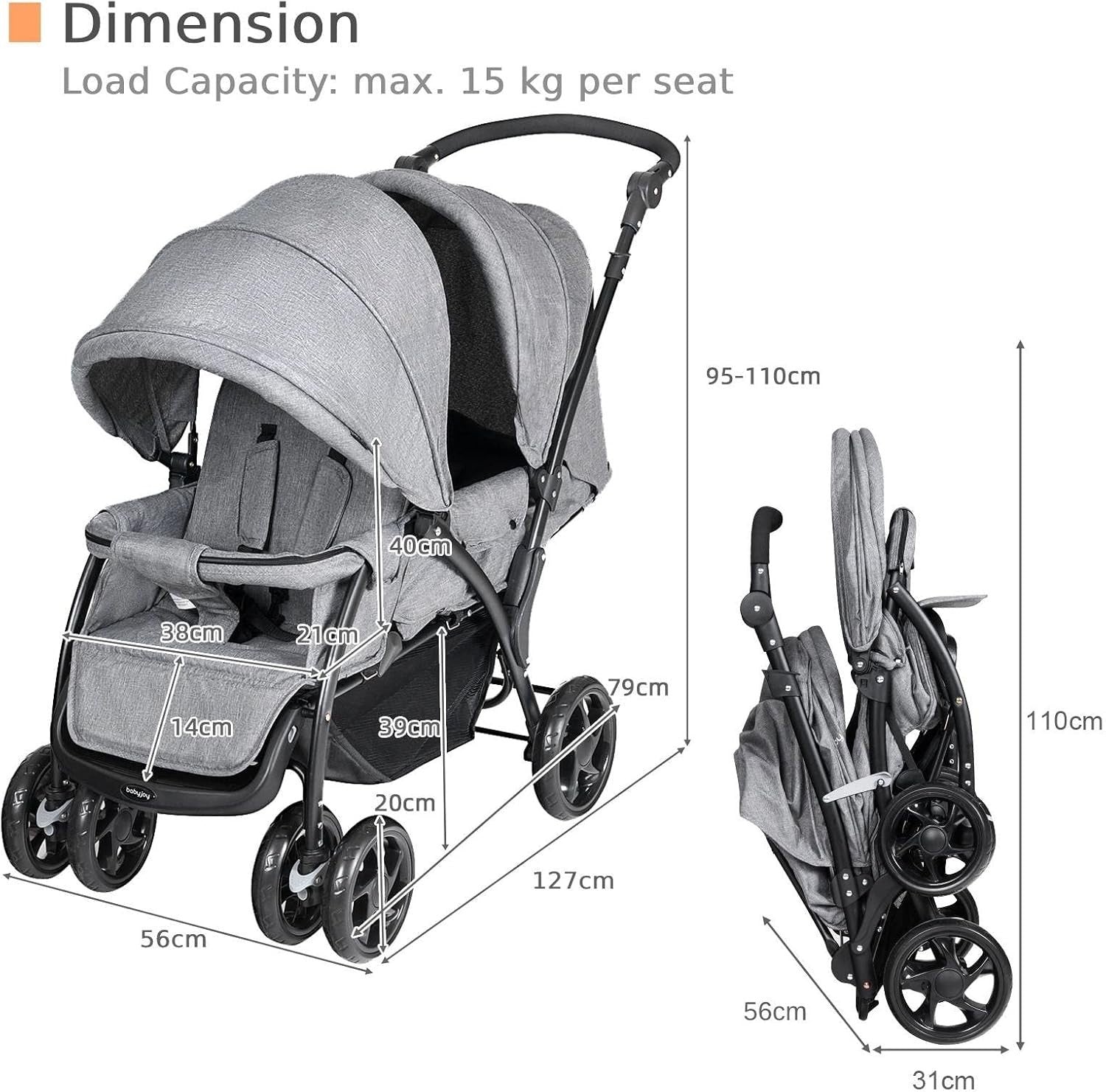 Double Baby Stroller Tandem Pushchair Adjustable Handle Foldable 30kg