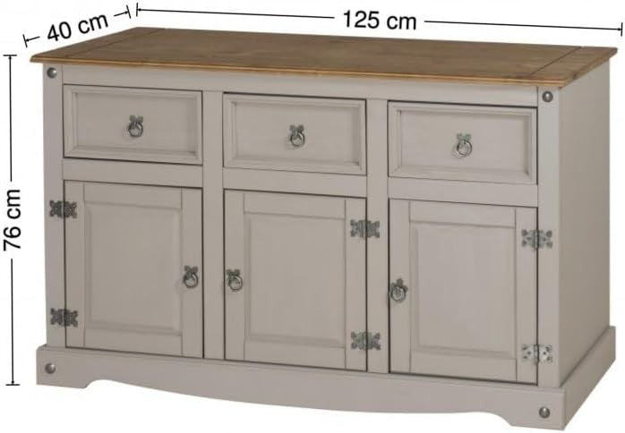 Grey Solid Pine Sideboard 3 Door 3 Drawer Cabinet Rustic Wax Finish