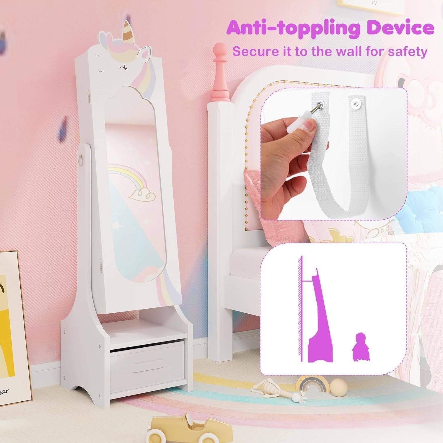 White Kids Jewelry Cabinet Mirror Freestanding Adjustable Storage Vanity