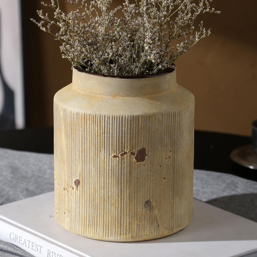 Earthy Yellow Rustic Terracotta Vase 7in Farmhouse Vintage Flower Decor