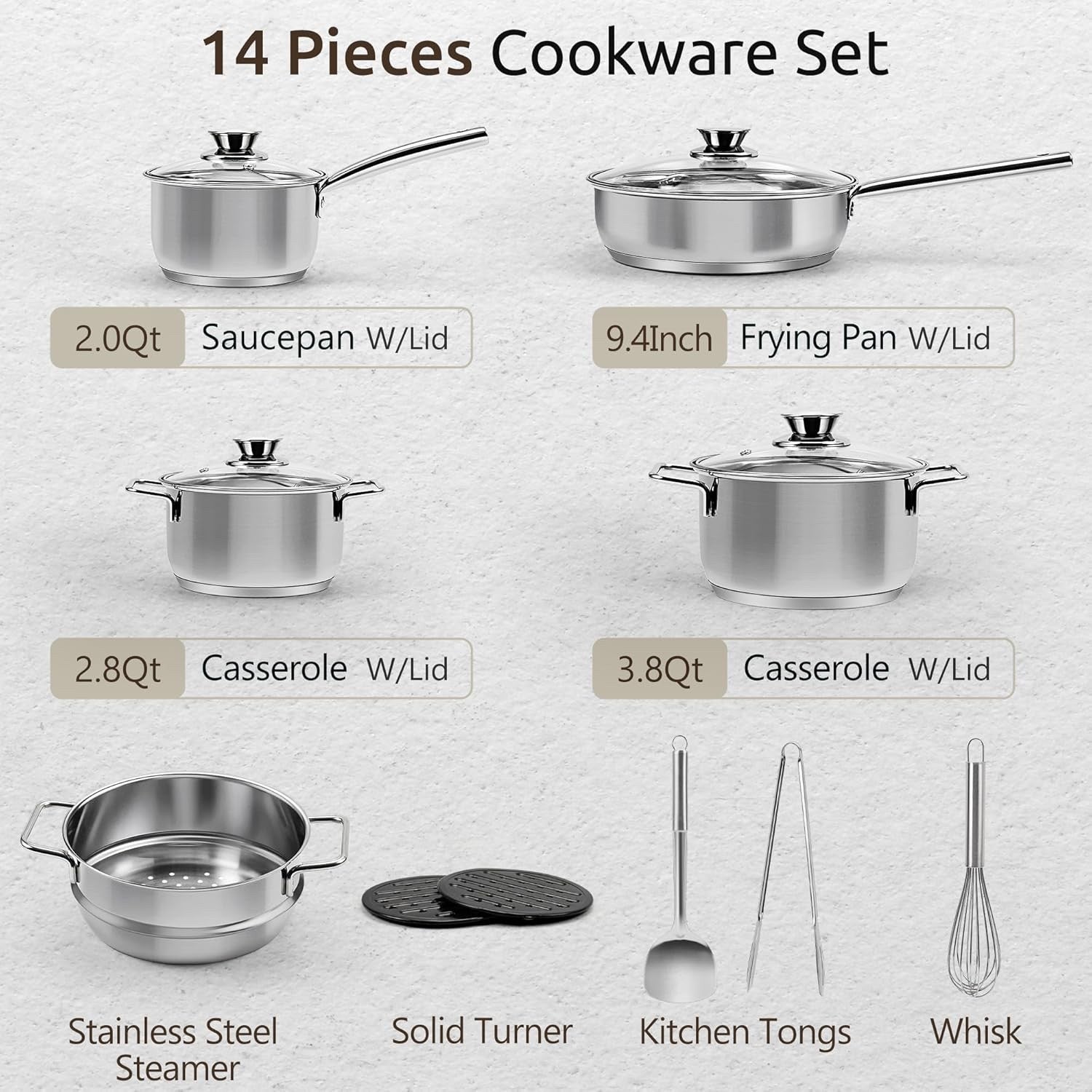 14Pcs Stainless Steel Cookware Set Pots and Pans Induction with Glass Lids
