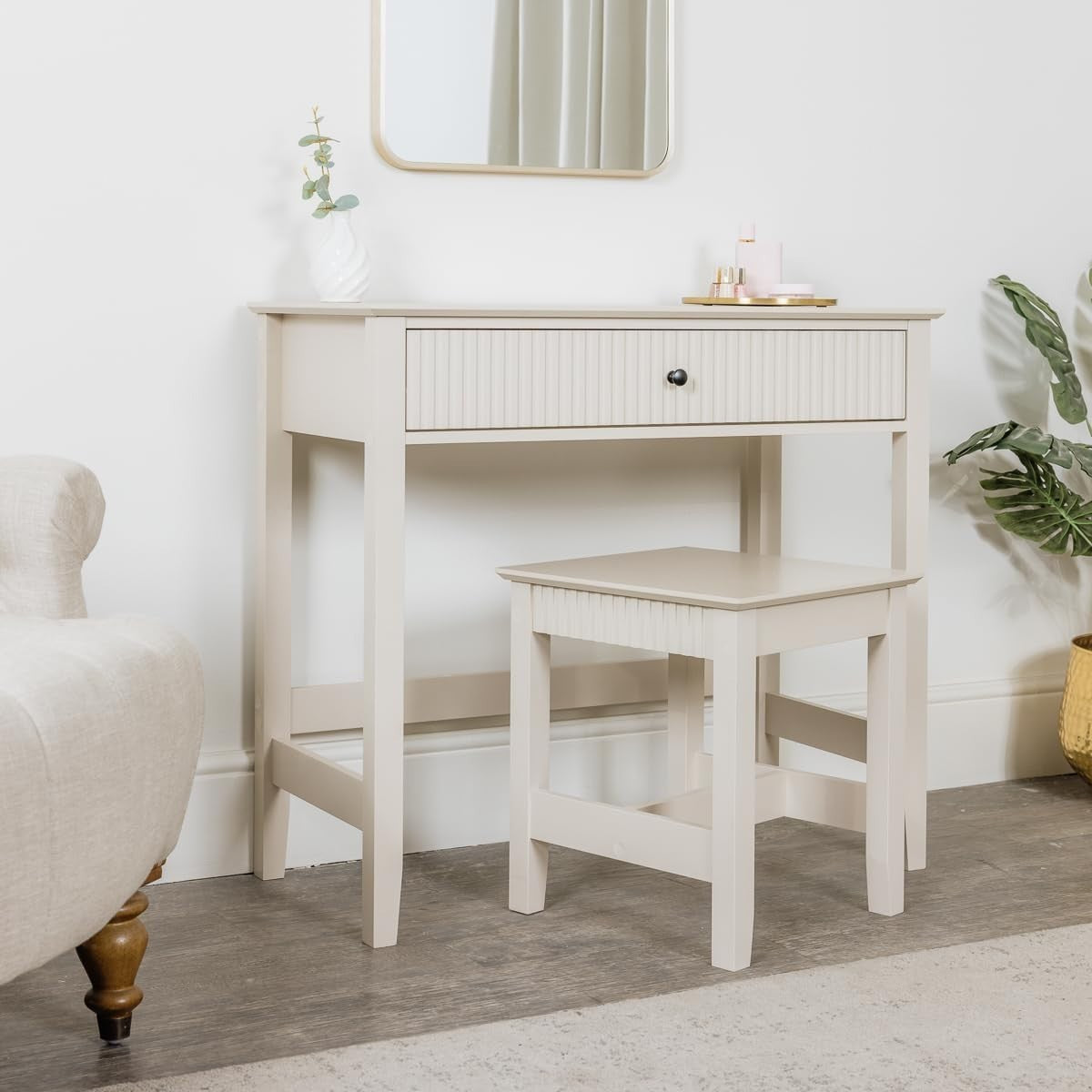 Taupe Grey Console Dressing Table & Stool Set Fluted Drawer Compact Bedroom