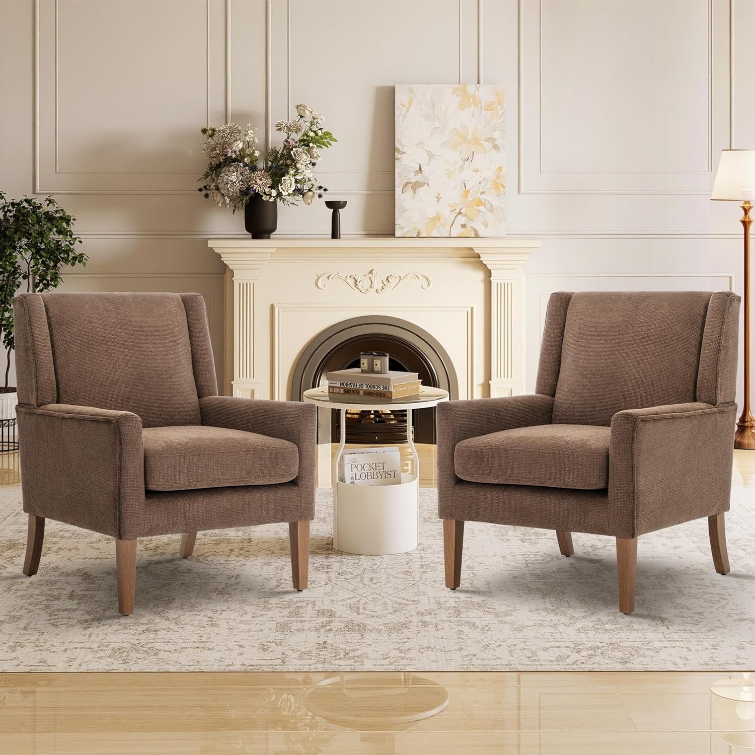 Brown Wingback Accent Armchairs Set of 2 Upholstered Wood Legs