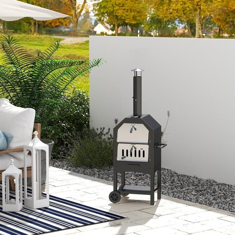 3-Tier Charcoal Pizza Oven Outdoor Grill w/ Chimney, Thermometer, Wheels