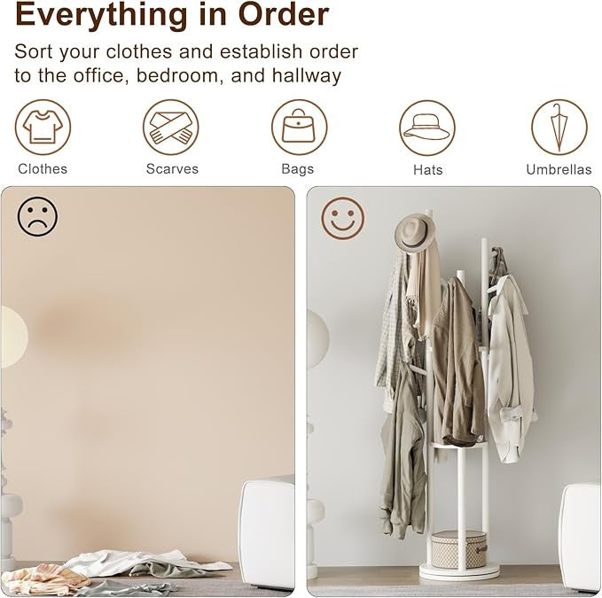 White Wooden Coat Rack Stand with 3 Shelves | 360° Rotating Hall Tree 9 Hooks