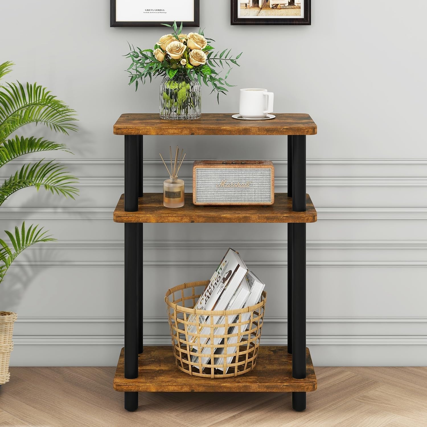 Compact Narrow Side Table with Storage Shelf, Slim, Rustic Brown, No-Tool Assemb
