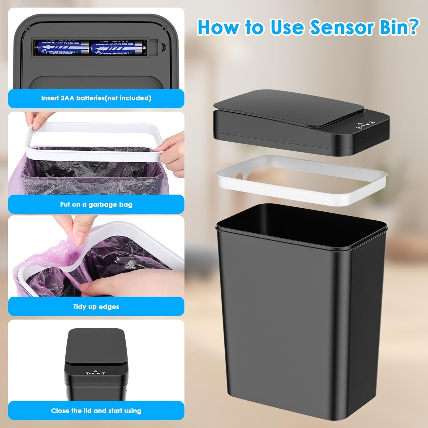 Touchless Kitchen Sensor Bin 2‑Pack | Automatic Quiet Smart 12L & 15L