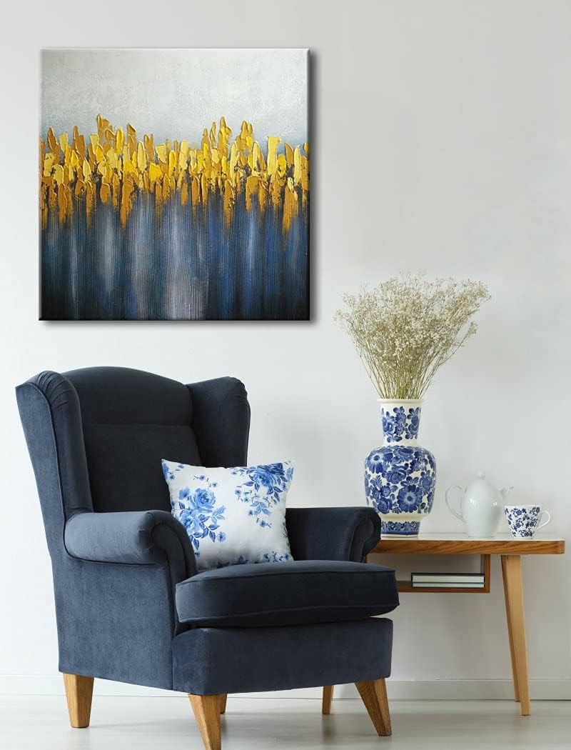 Abstract Grey Blue Gold Oil Painting Canvas 60x60cm