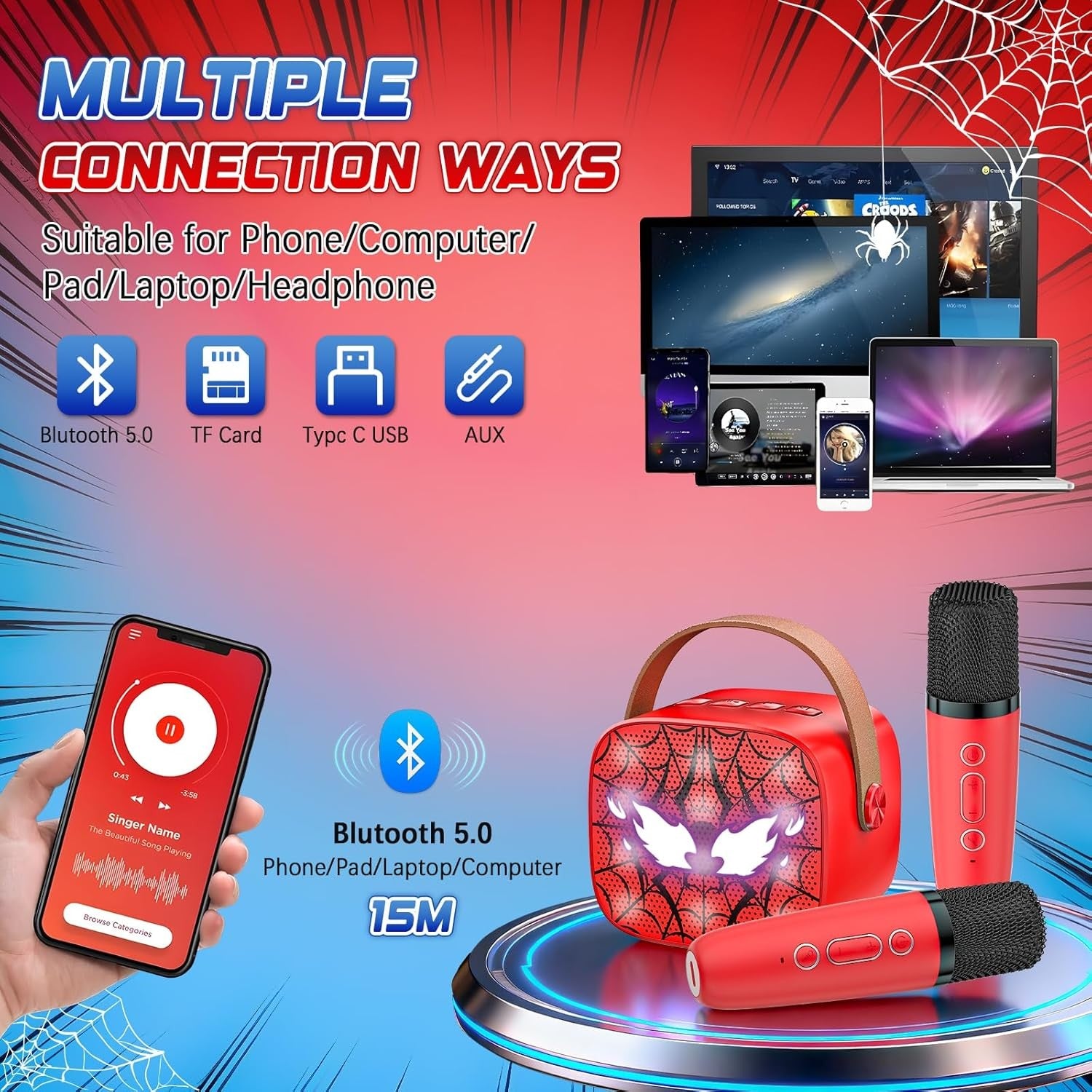 Red Spider Karaoke Machine 2 Mics Bluetooth LED Voice Changer