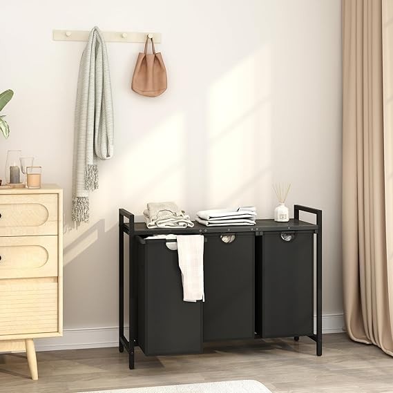 Rustic Brown 3 Section Laundry Hamper with Removable Bags & Wood Top Shelf