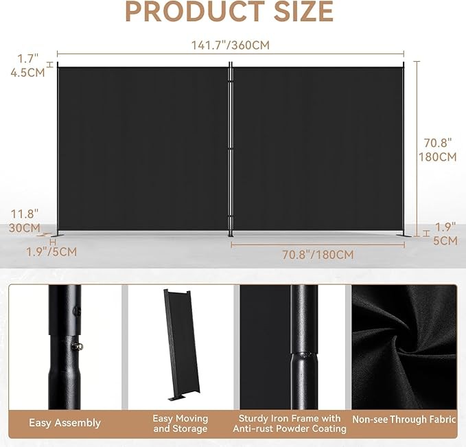 2-Panel Folding Room Divider 6FT Black Privacy Screen Partition Wall Office