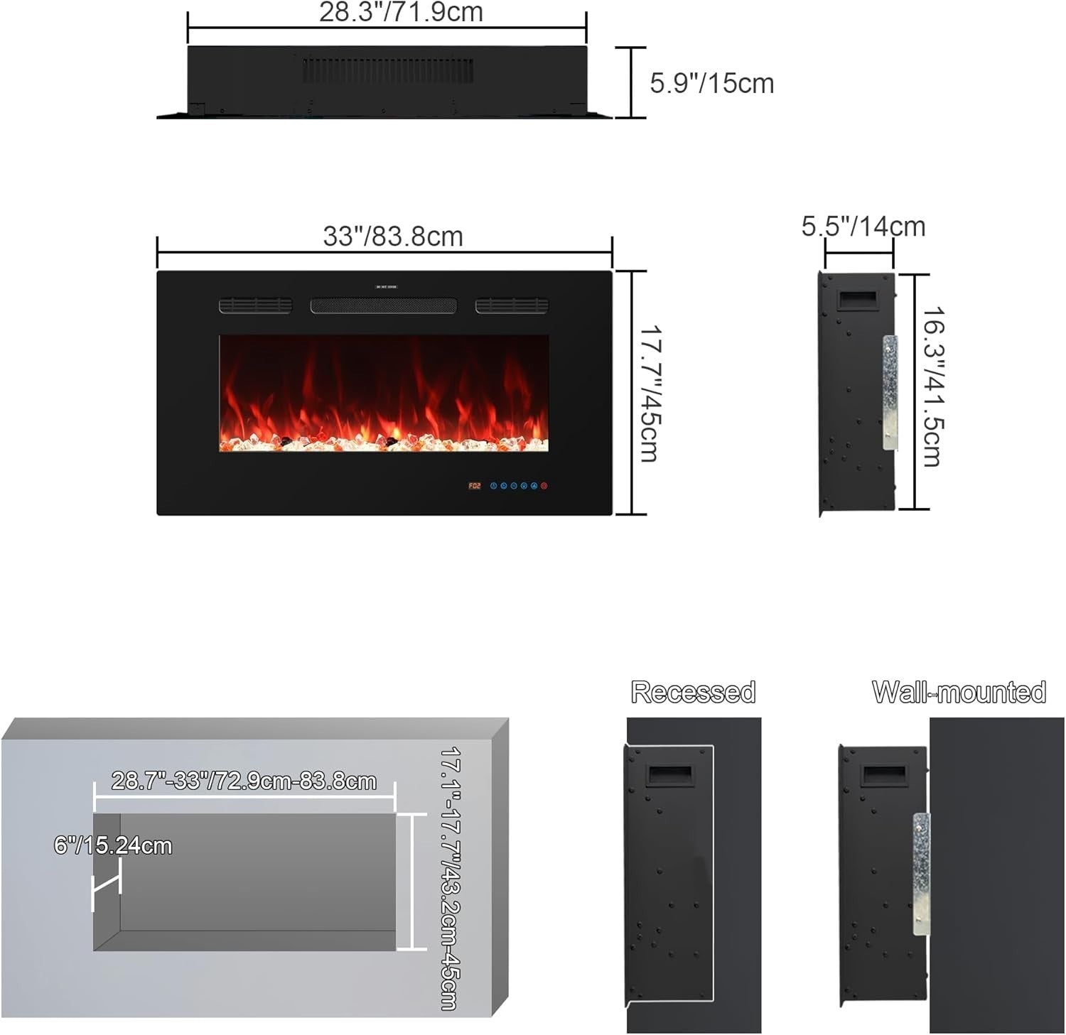 84cm Wall Mounted Electric Fireplace Heater LED Fire 13 Flame Remote
