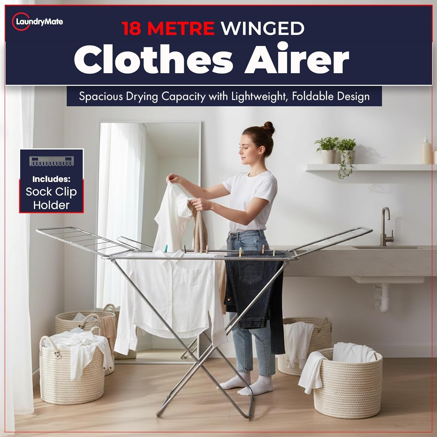 18m Extendable Clothes Airer Winged Folding Laundry Drying Rack Indoor