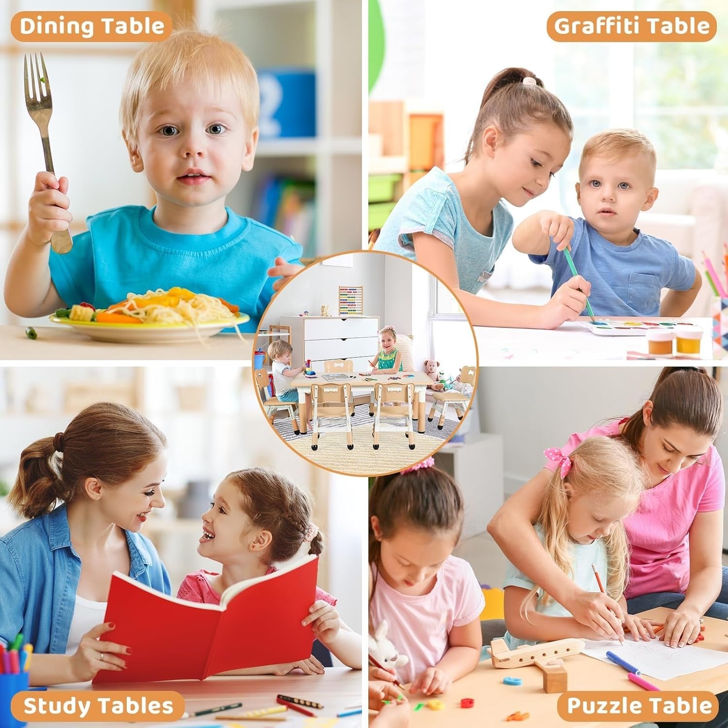 Kids Table and 6 Chair Set – Adjustable Height, Easy Clean, Ages 2–10
