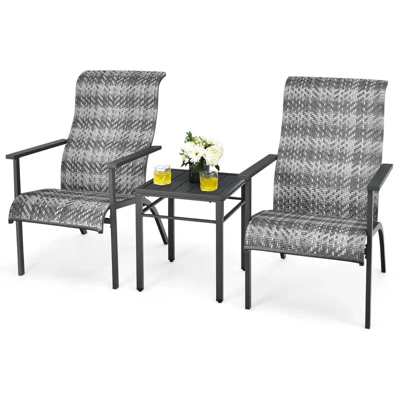 3-Pc Patio Bistro Set | 2 Rattan Sling Chairs + Coffee Table | Outdoor Garden