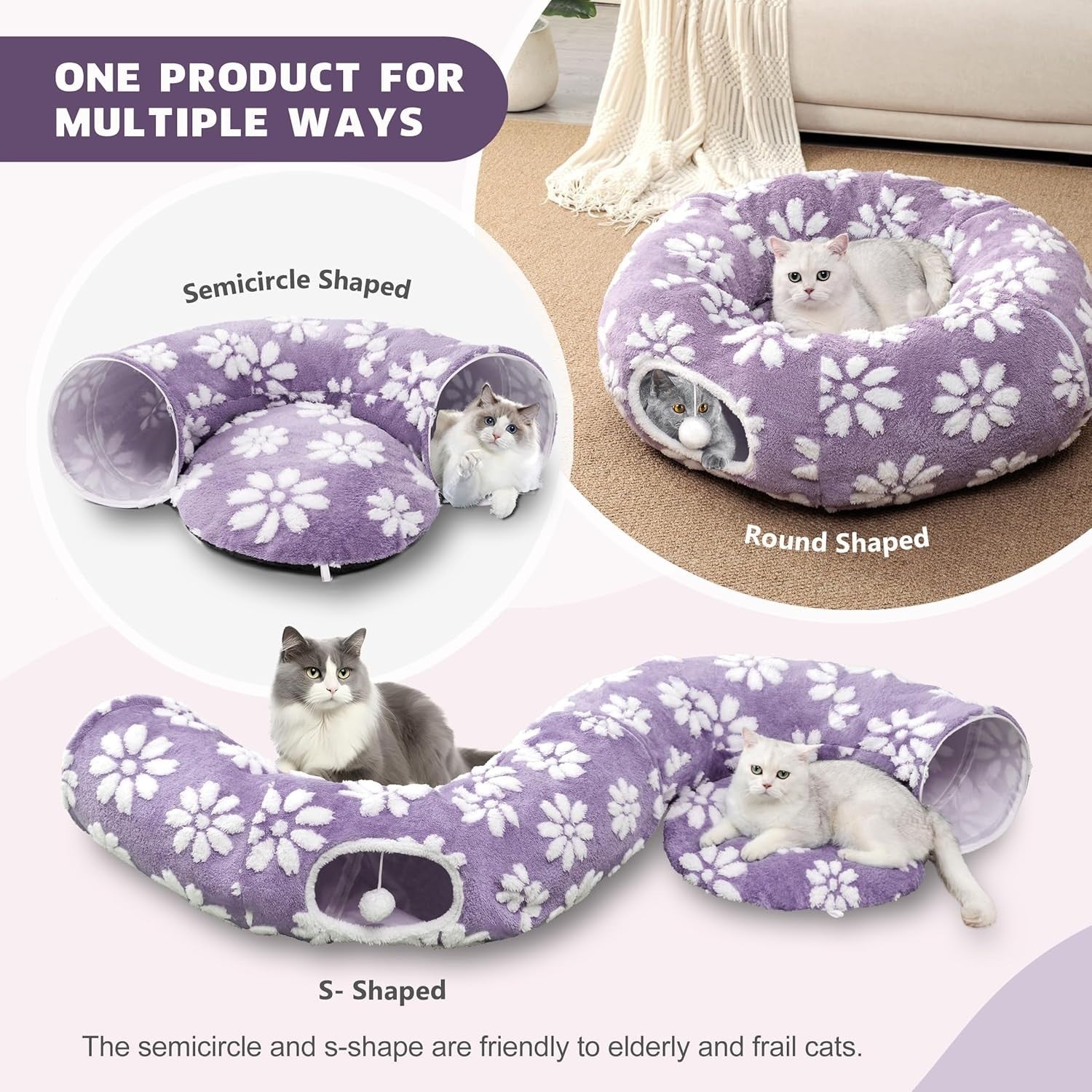 Cat Donut Tunnel Bed Peekaboo Cave w Cushion & Hanging Ball Purple