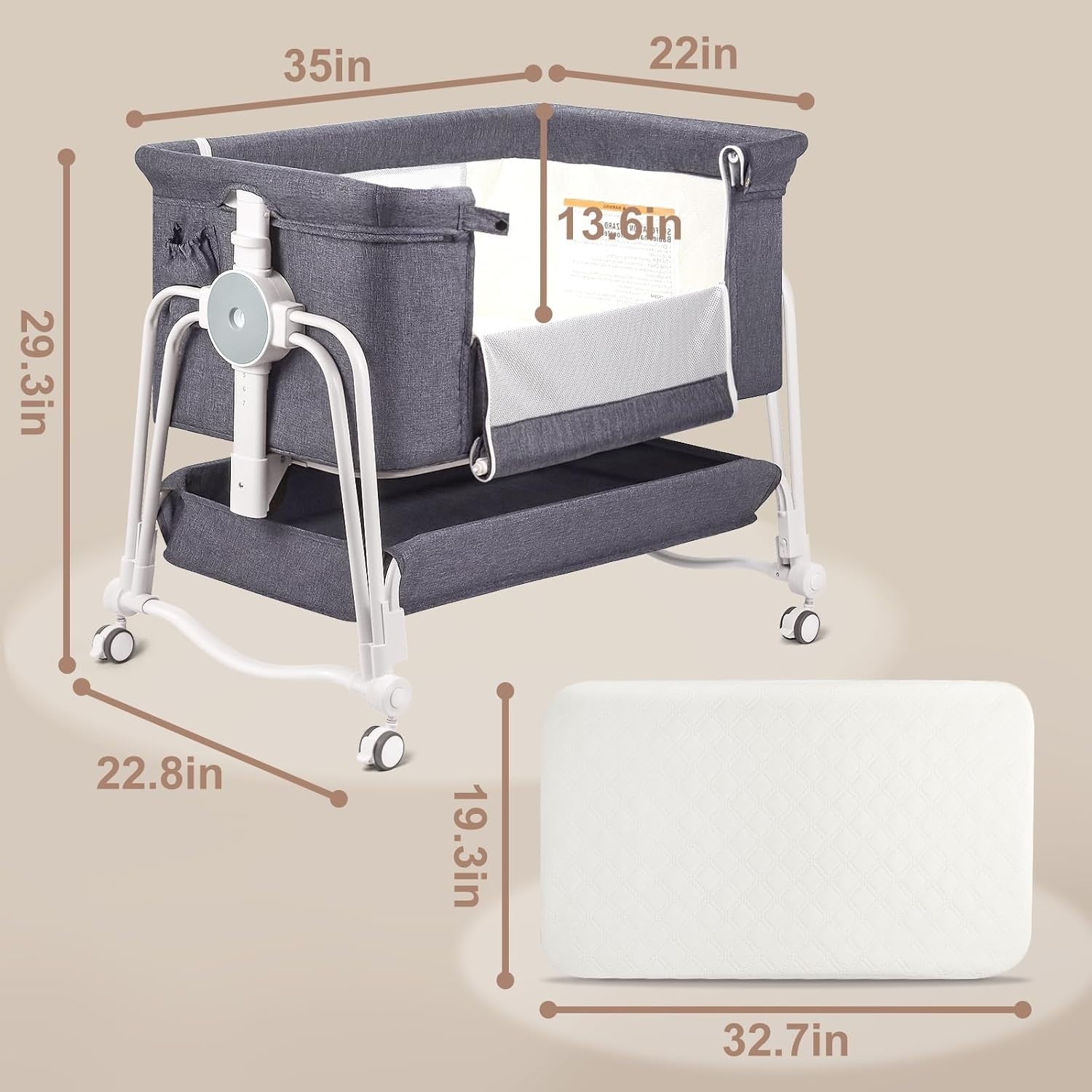 4 in 1 Baby Crib Bedside Cot with Wheels, Mosquito Net & Mattress Grey