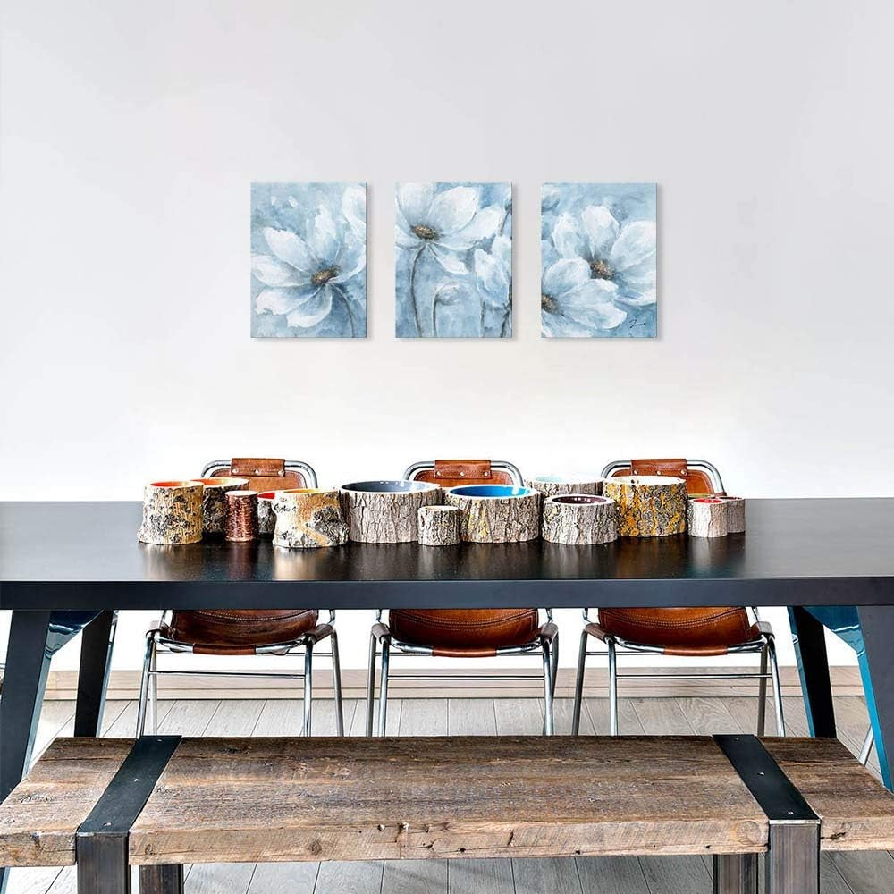 Blue Magnolia Canvas Wall Art Set of 3 Framed 30x40cm