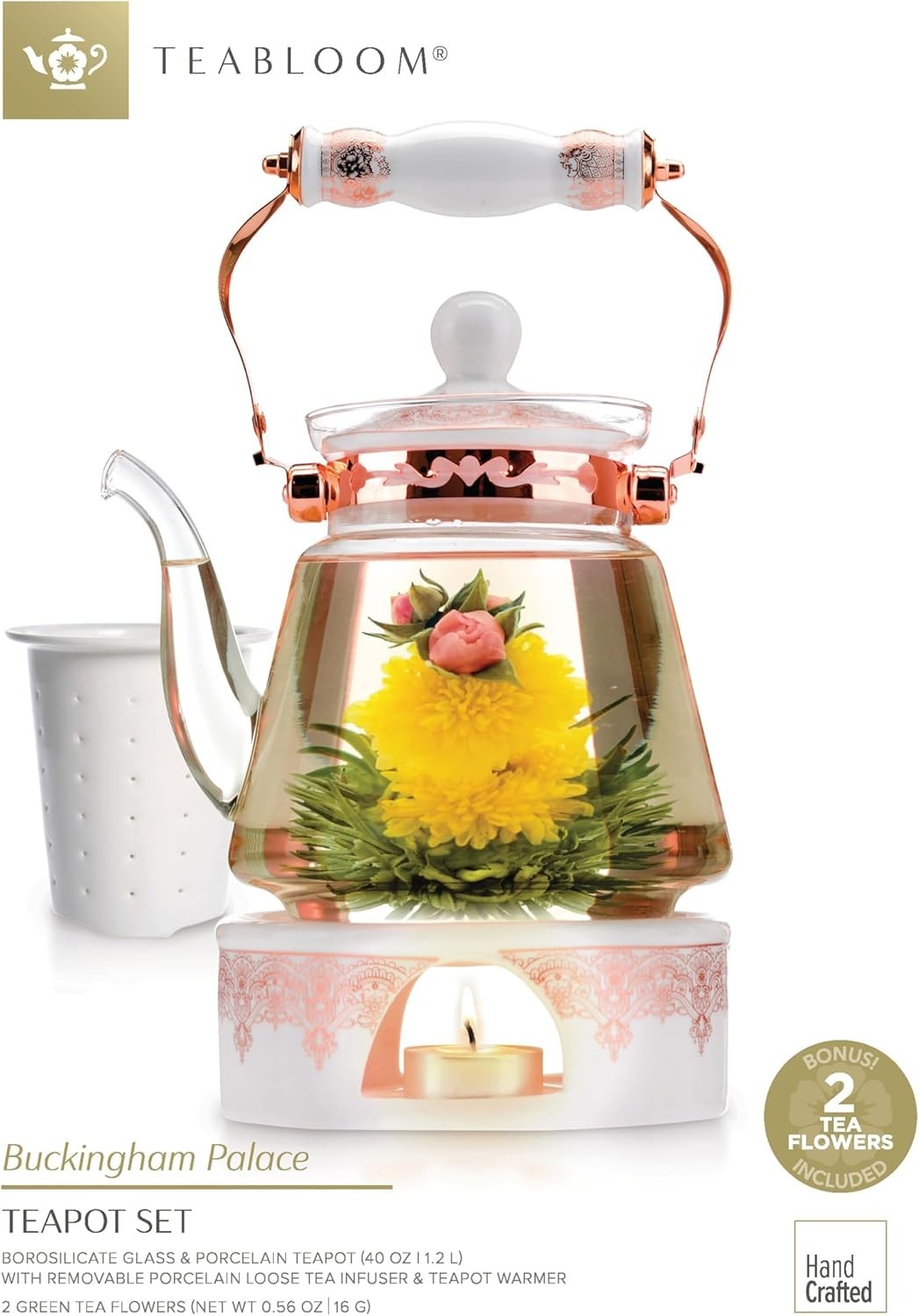 Glass Teapot Gift Set 1200ml Tea Warmer Infuser Blooming Tea 6pc