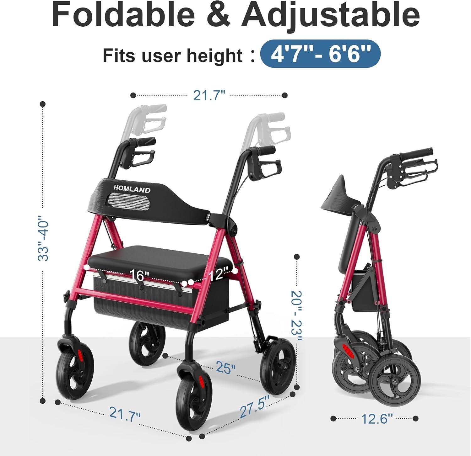 4 Wheel Rollator Walker with Seat Big Wheels Folding Adjustable Handles