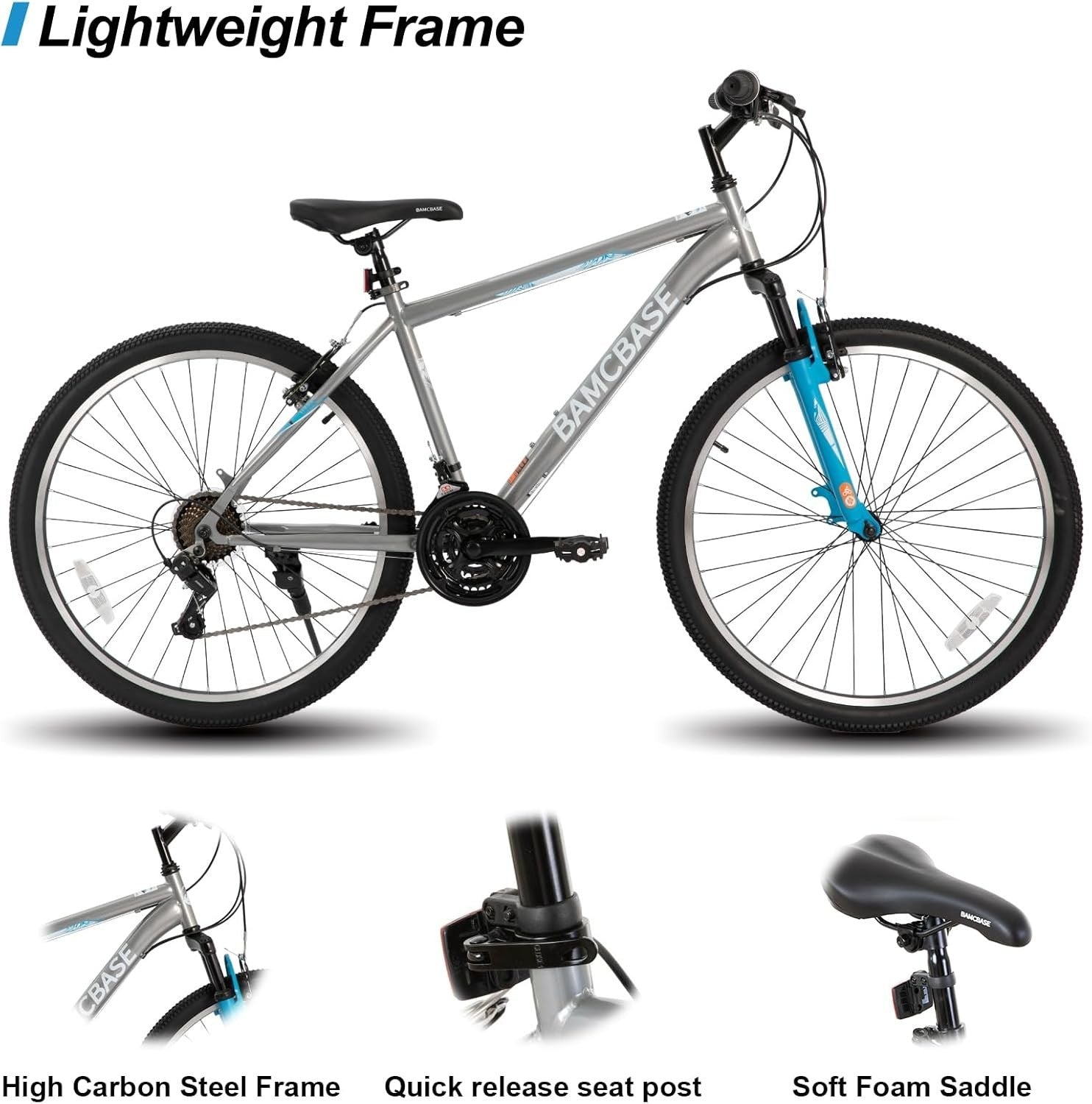 27.5" Mountain Bike 21 Speed V-Brake Steel Frame Hardtail MTB Grey Adult