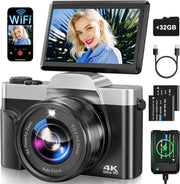 4K 64MP Digital Camera WiFi Vlogging Flip Screen Zoom SD Card 2 Batteries