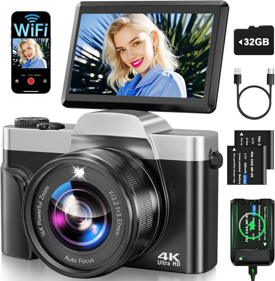 4K 64MP Digital Camera WiFi Vlogging Flip Screen Zoom SD Card 2 Batteries