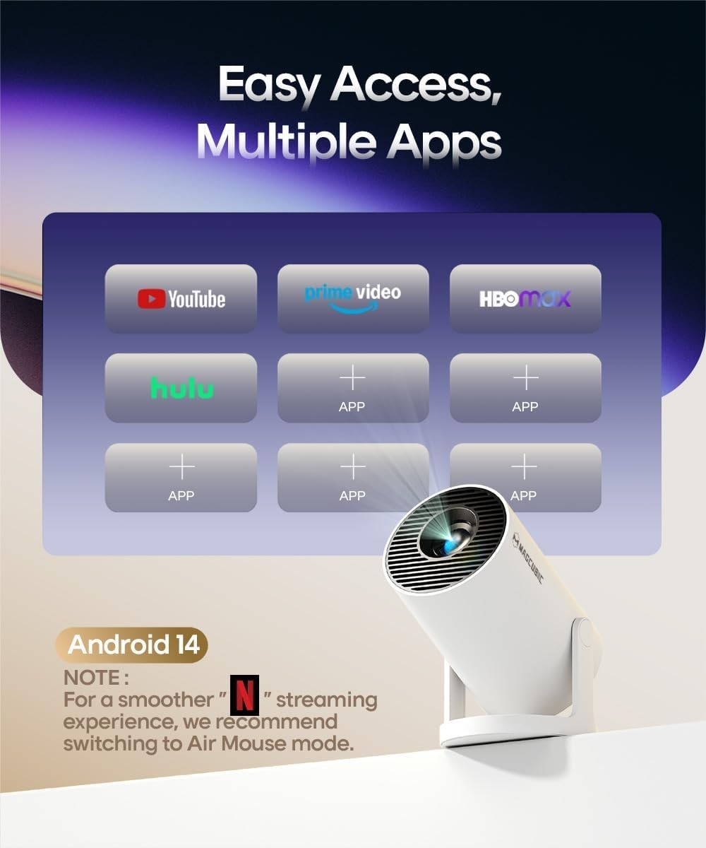 Android 14 Mini Projector 4K Support WiFi 6 Bluetooth 180° Ceiling