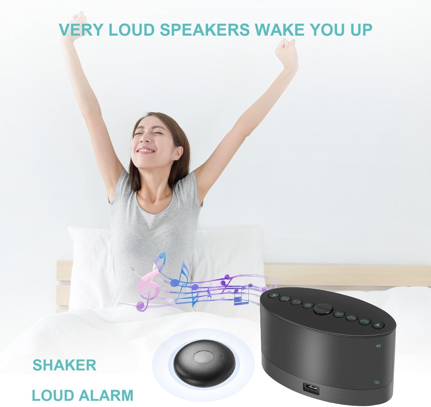 Extra Loud Alarm Clock with Bed Shaker Wireless Heavy Sleepers Black