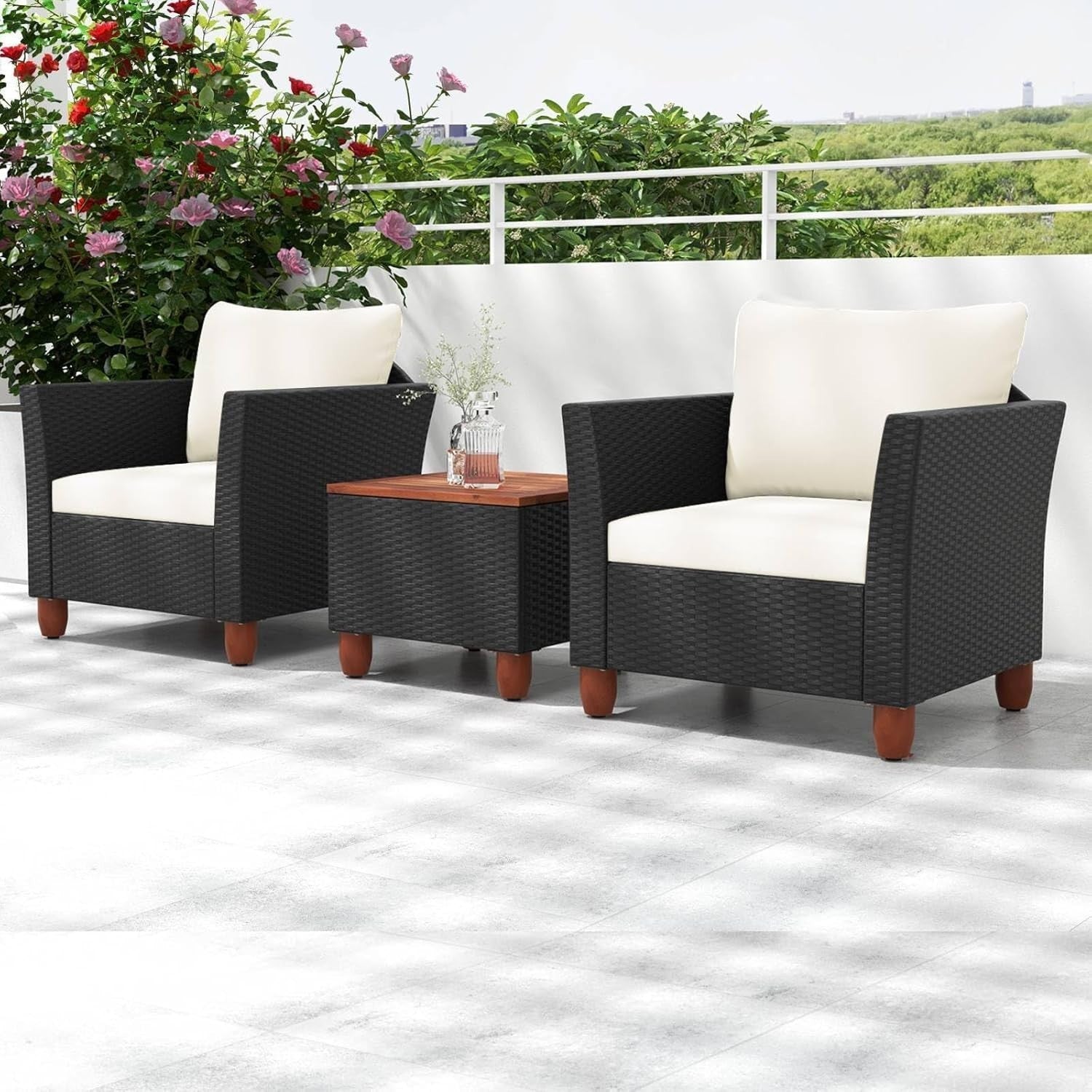 Outdoor Rattan Bistro Set 3 Piece Patio Chairs with Storage Table & Cushions