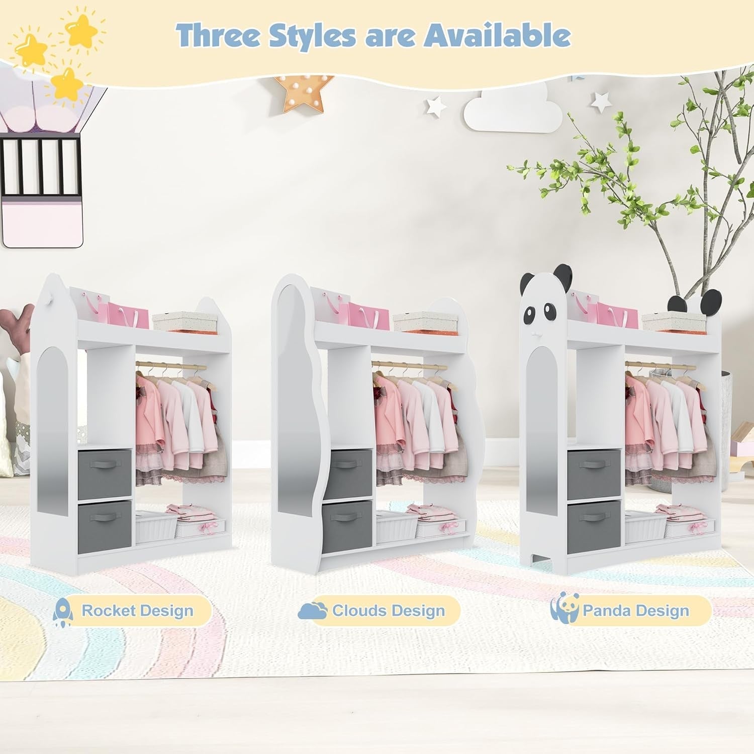 Kids Wardrobe with Mirror, Hanging Rail & 2 Drawers, White Cloud Design