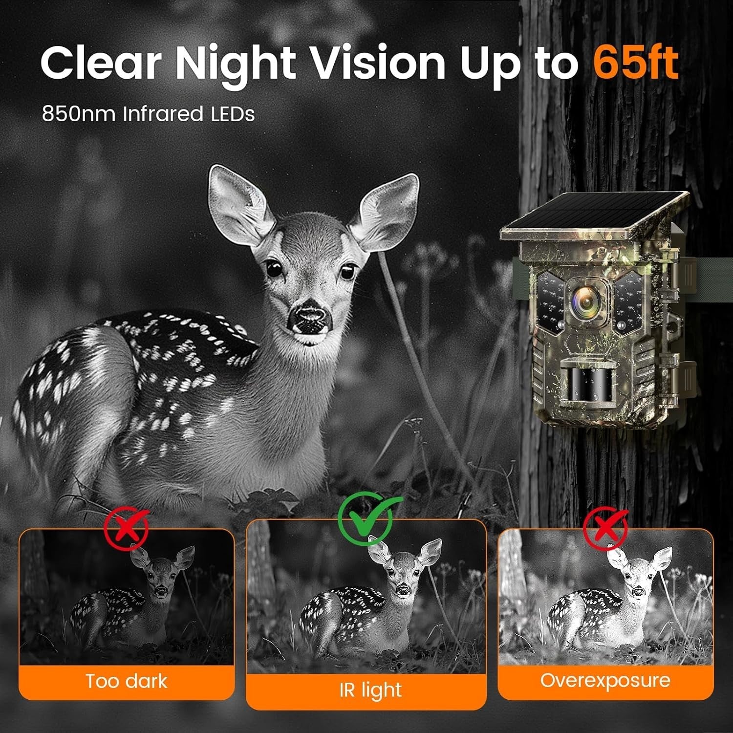 4K 64MP Solar Trail Camera WiFi Bluetooth Night Vision Waterproof